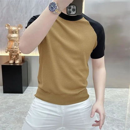 Summer Korean Short-sleeved Casual T-shirt Men New Fashion Contrasting Color Slim Rotator Sleeves Breathable Round Neck Knitted