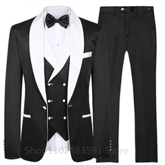 Blue Splicing Men‘s Suits 3 Pieces White Shawl Lapel Casual Tuxedos Suits Men (Blazer+Vest+Pants) For Wedding Groomsmen 2023