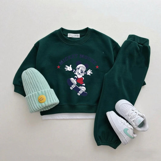 Boys Trendy Wear Long-sleeved Tracksuits Children 2026 Costume Mickey Mouse Tops Green Sweatpants New Two Piece Baby Clothing
