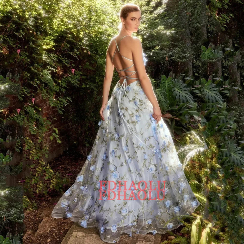 Homecoming Dresses: 3D Flower Strap A-line Prom Gown Side Slit Prom Dress