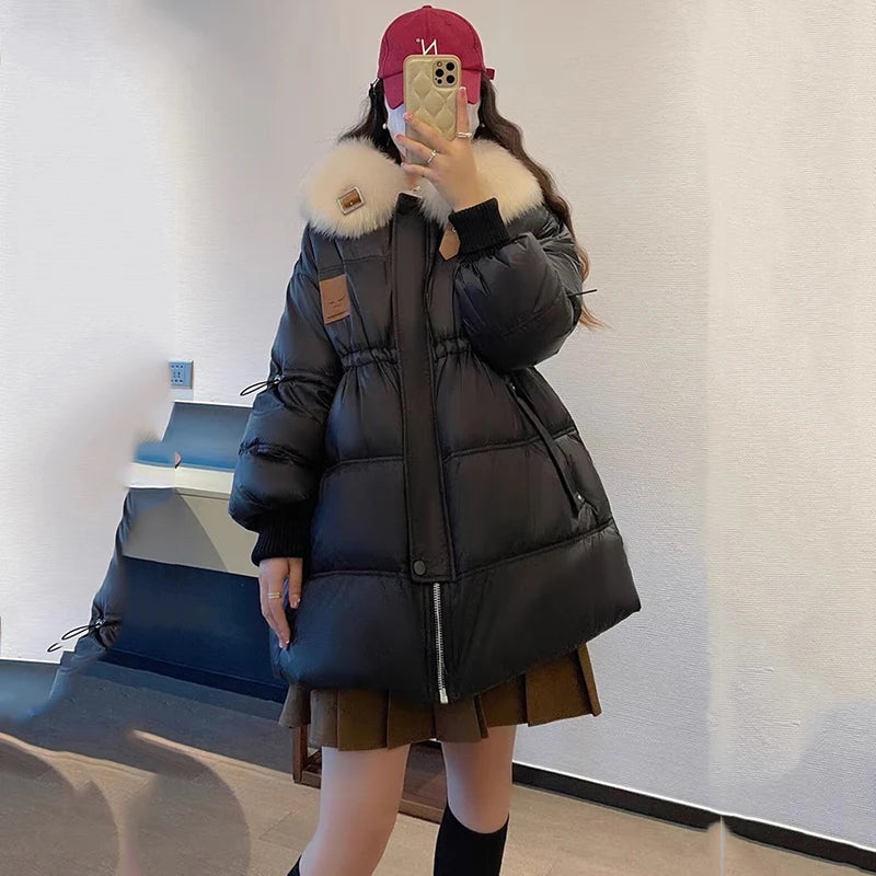 Real fur parka white duck Down Detachable Fur Jacket Mid-Length