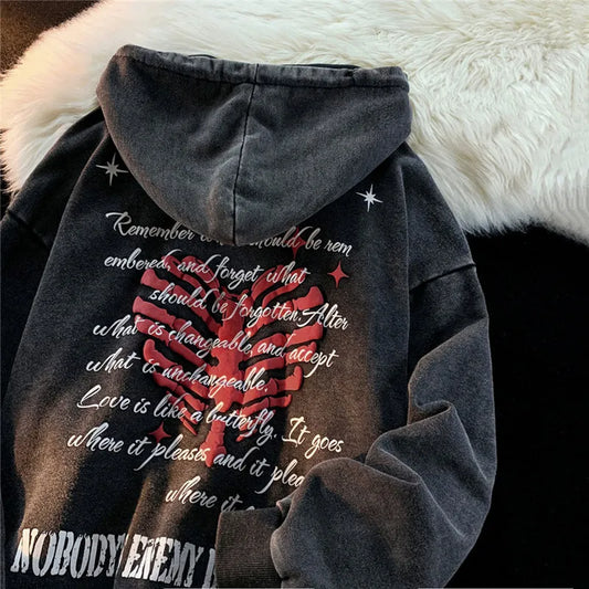 Zip UP Hoodie Grunge Women Men Autumn Embroidery Letter Long Sleeve Gothic Hooded