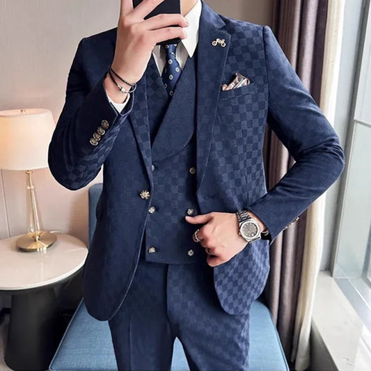 Tuxedo for Mens: Men Leisure Boutique Business Plaid Wedding Host Suit 3 Pcs Set