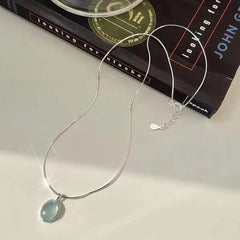 Silver Color Oval Aquamarine Pendant Necklace Ladies Girls Luxury Snake Chain