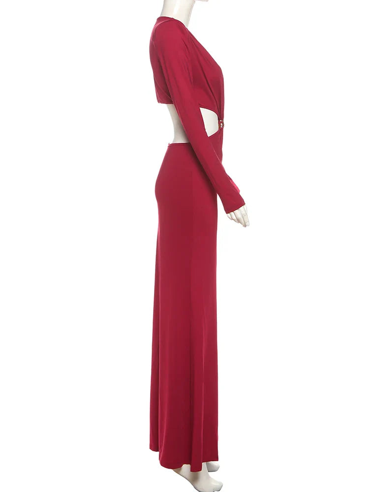 kliou Waistless V-neck Women Maxi Dresses Classic Elegant Lapel Full Sleeve V-neck Sheath Vestidos Female High Street Bodycon