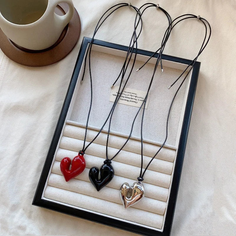 LATS New Heart Pendant Necklace for Women Men 85CM Adjustable Pull-out Sweater Chain Fashion Jewelry Accessory Gift