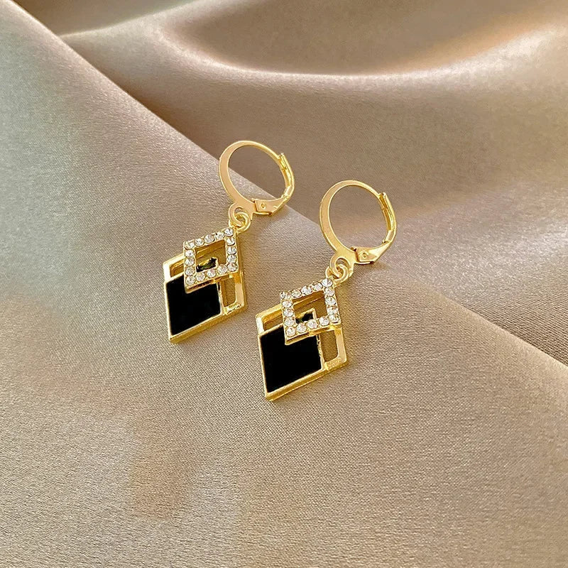 2024 Trending Black Rhinestone Statement Earrings for Women  Korean Gold Color Buckle Pendants Hanging Designer Earrings Jewelry