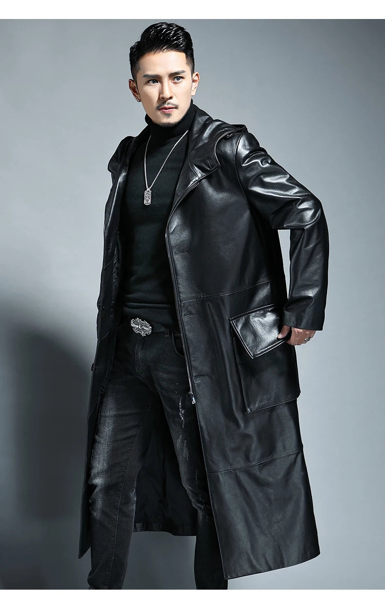 Long Black Loose Waterproof Windproof Soft Pu Leather Trench Coats