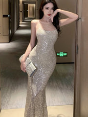 Bodycon Sequined Evening Party Long Dresses for Women Spaghetti Strap