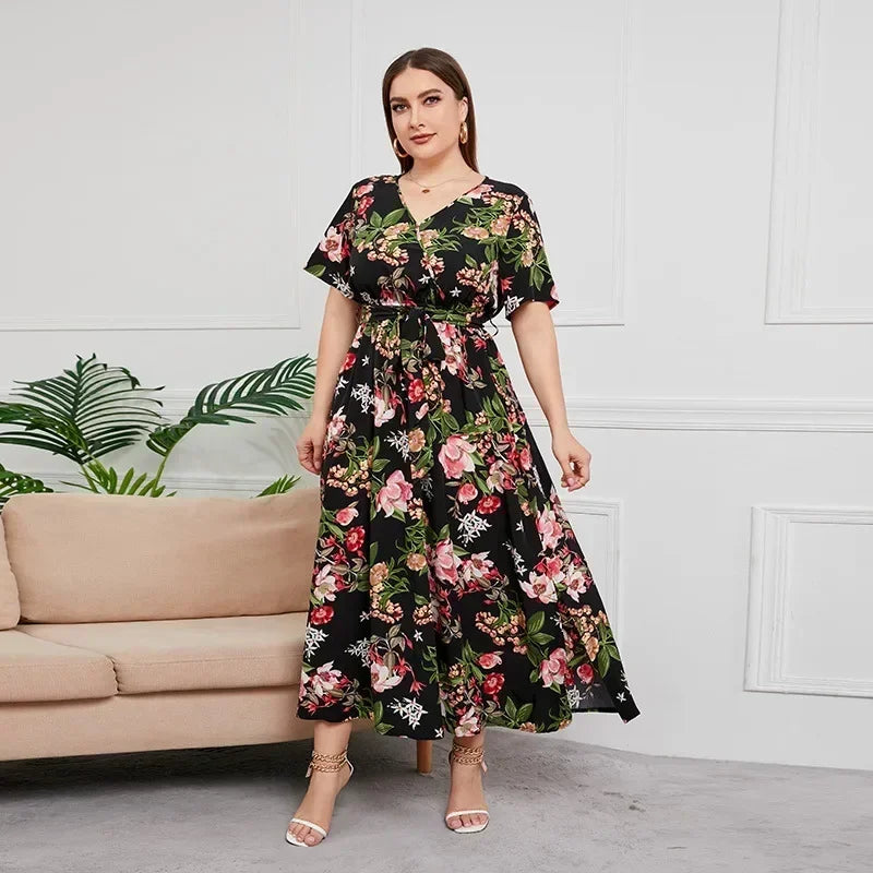 French Elegance and Elegant Large Size Dress with White Drawing Flower V-neck Short Sleeves and Waist Wrap Long Dress Plus Size