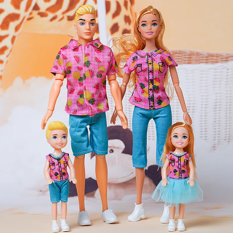 1/6  FamilyDoll Toy Set of 4 People Mom Dad Kids 30cm Barbies Doll Full Set With Clothes for Education Birthday Gift