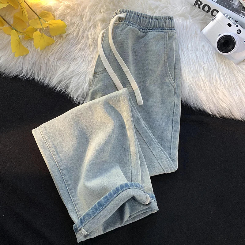 Men's Baggy Straight Drawstring Elastic Waist Personality Fashion Vintage Denim