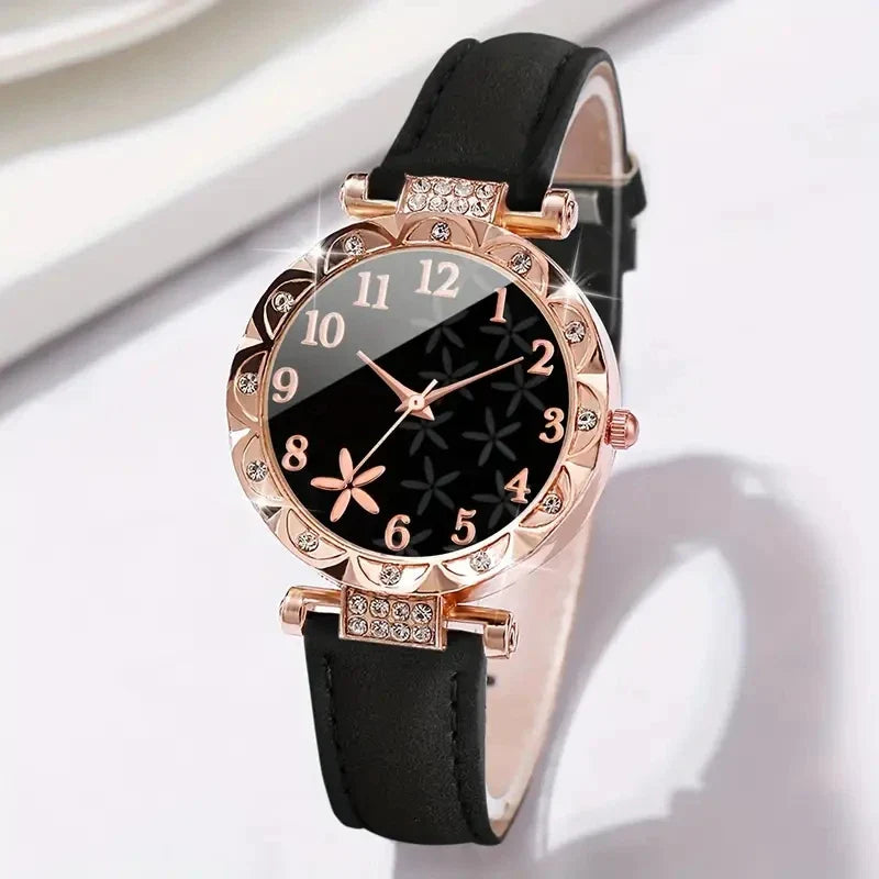 2PCS Women's Watch Set Luxury Trendy Flower Elements Digital Scale Dial Quartz Watch Suitable for Daily Clothing Matching