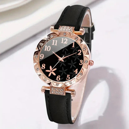 2PCS Women's Watch Set Luxury Trendy Flower Elements Digital Scale Dial Quartz Watch Suitable for Daily Clothing Matching