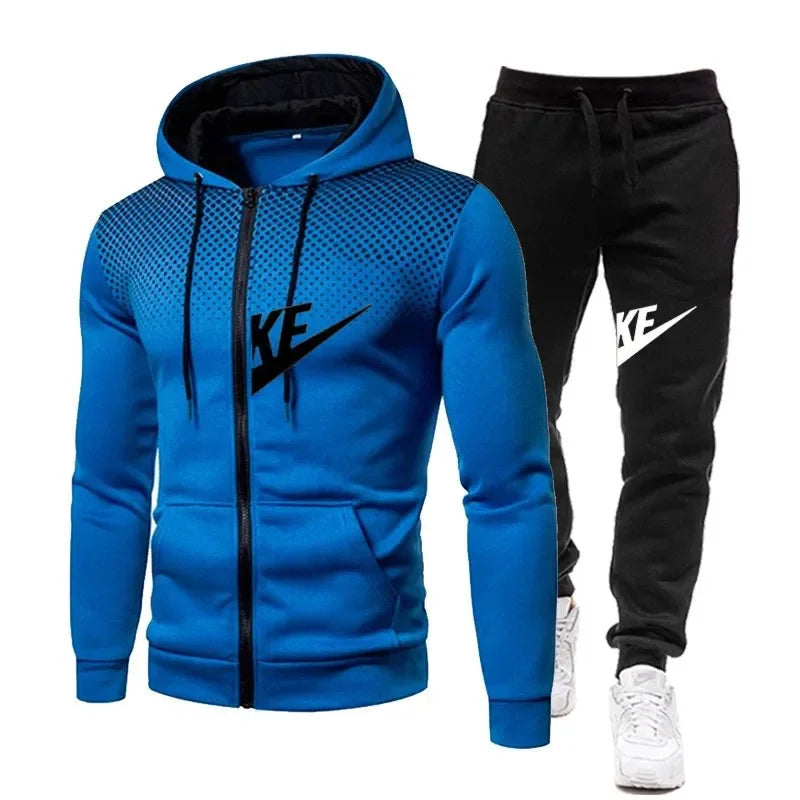 Autumn and winter zipper hooded sweatshirt + long pants set for men's new fashion casual outdoor fitness two-piece set