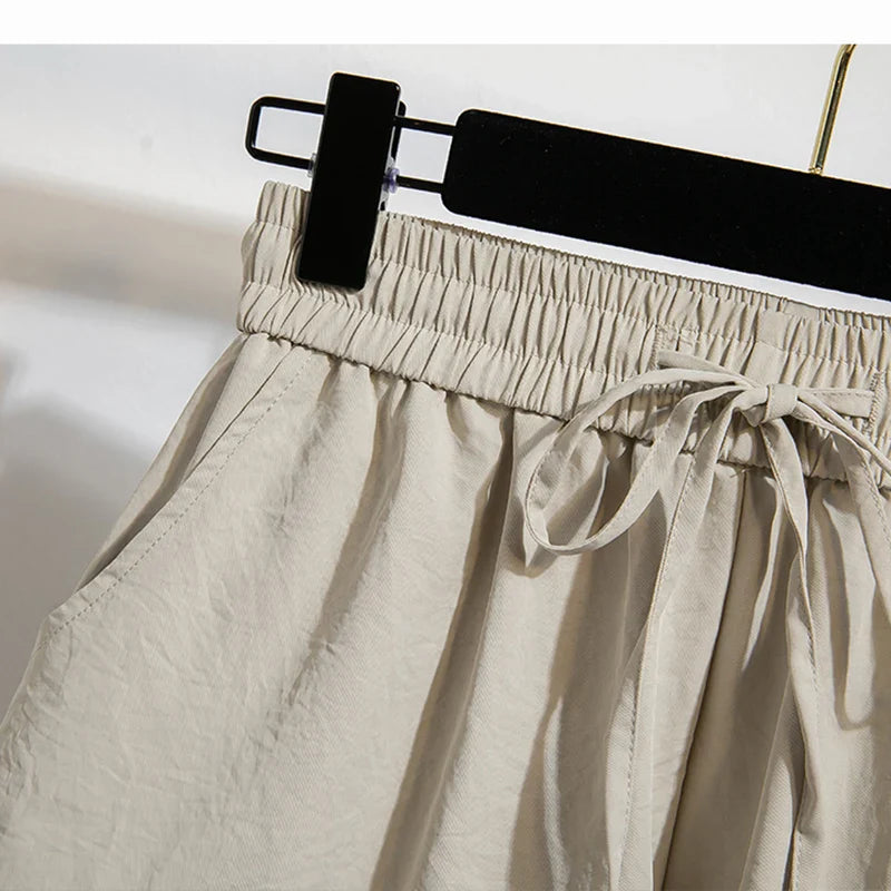 Plus Size Summer Shorts For Women 2025 Summer Ice Silk Drawstring Large Size Loose Shorts Women Korean Streetwear Shorts Female