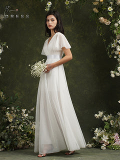 Beach Ivory Wedding Dresses For Women A-Line Puffer Short Sleeve