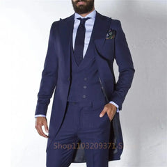 Navy Blue Long Tail Coat 3 Piece Gentleman Man Suits Male Fashion Groom Tuxedo