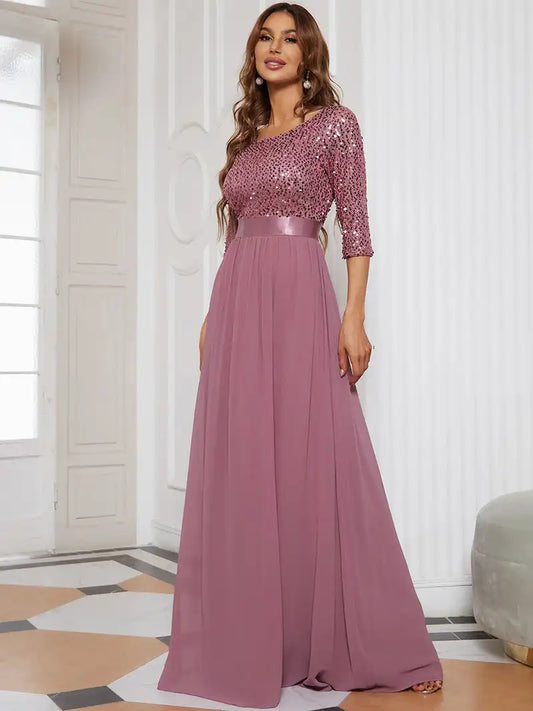 Elegant Evening Dresses Long A-LINE O-Neck Three Quarter SLeeve Lace Gown