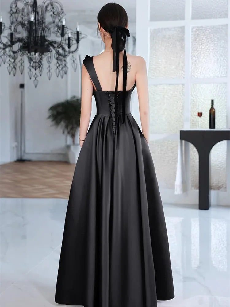 Evening wear Dresses: Prom Vestidos Bow Draped One-shoulder Cross Lace Up Dress