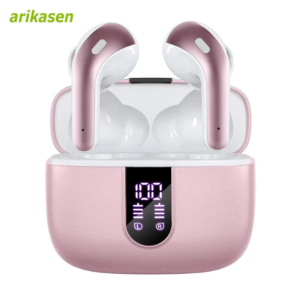 Wireless Bluetooth Earbuds Headphones 52 Hrs Playtime IPX7 Waterproof 4 Mic Call Noise Cancelling with LED Display Charging Case