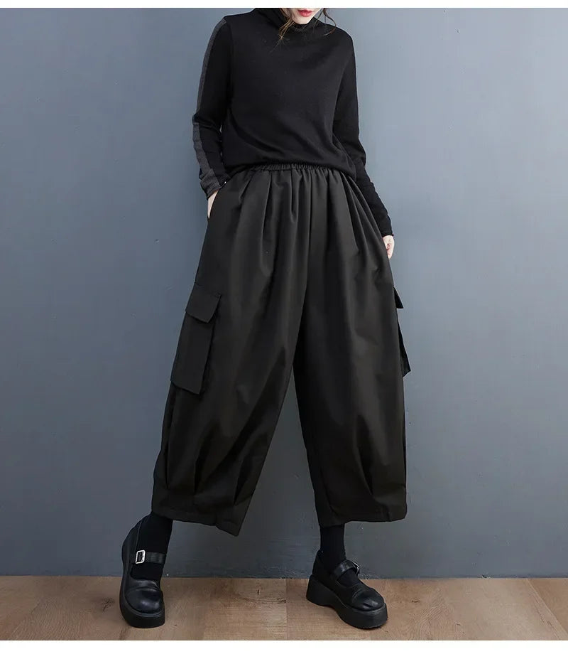 Black Vintage High Elastic Waist Oversized Cargo Pants Women
