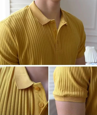 Vertical Stripe Knit Polo Men's Shirts Summer New Slim Solid Color Breathable Turn-Down Collar Business Short Sleeve Polo Tops