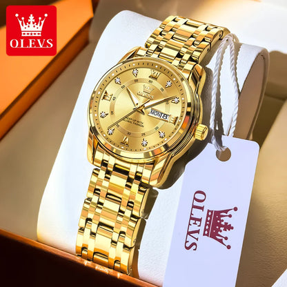 OLEVS 5513 Quartz Watch for Women Diamond Scale Dual Calendar Stainless Steel Strap Waterproof Watch Elegant Ladies Wristwatches