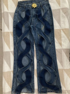 CM.YAYA Women Streetwear Cutout Hollow Out Criss Cross Straight Flare Denim Pants 2023 INS Fashion Wide Leg Jeans Trousers