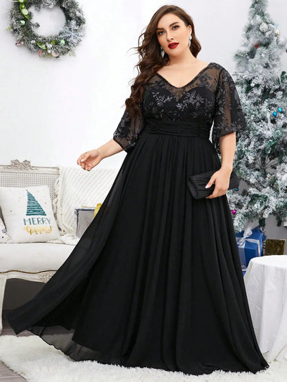 Mgiacy plus sizeV-neck sequin embroidered See-through large trumpet sleeve patchwork chiffon full skirt Evening gown Ball dress
