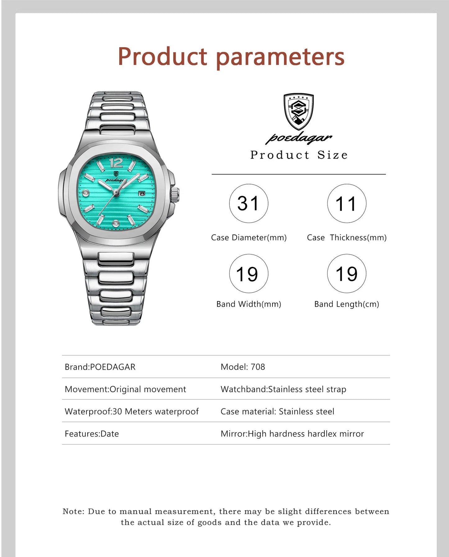 POEDAGAR Square Luxury Ladies Wristwatch Luminous Waterproof Stainless Steel Date Watch For Woman Fashion Quartz Women's Watches