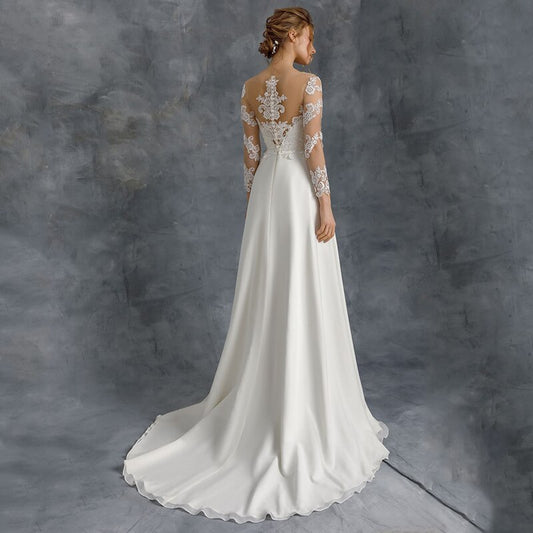 White Bridesmaid Dresses: A-Line 3/4 Sleeve Wedding Dresses Sheer O-Neck Lace