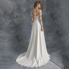A-Line 3/4 Sleeve Wedding Dresses Sheer O-Neck Lace Appliques