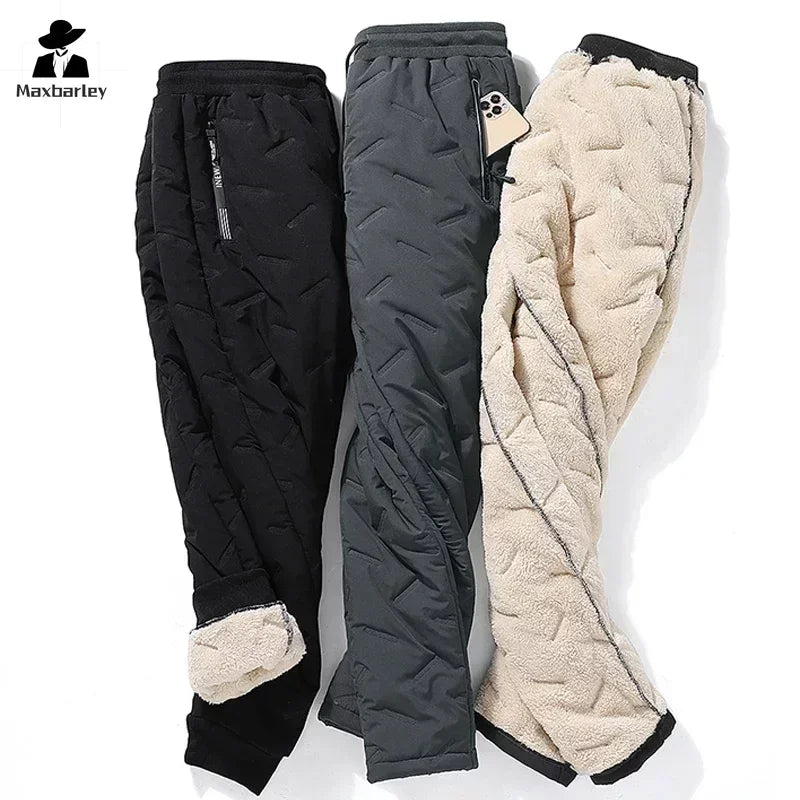 Winter Down Cotton Pants Men's Casual Waterproof Zipper Pocket Thickened Wool