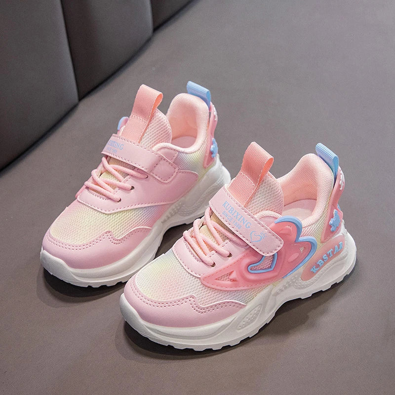 Girls Sports Shoes Kids Running Shoes Pink Breathable Air Mesh Heart Sweet Sneakers