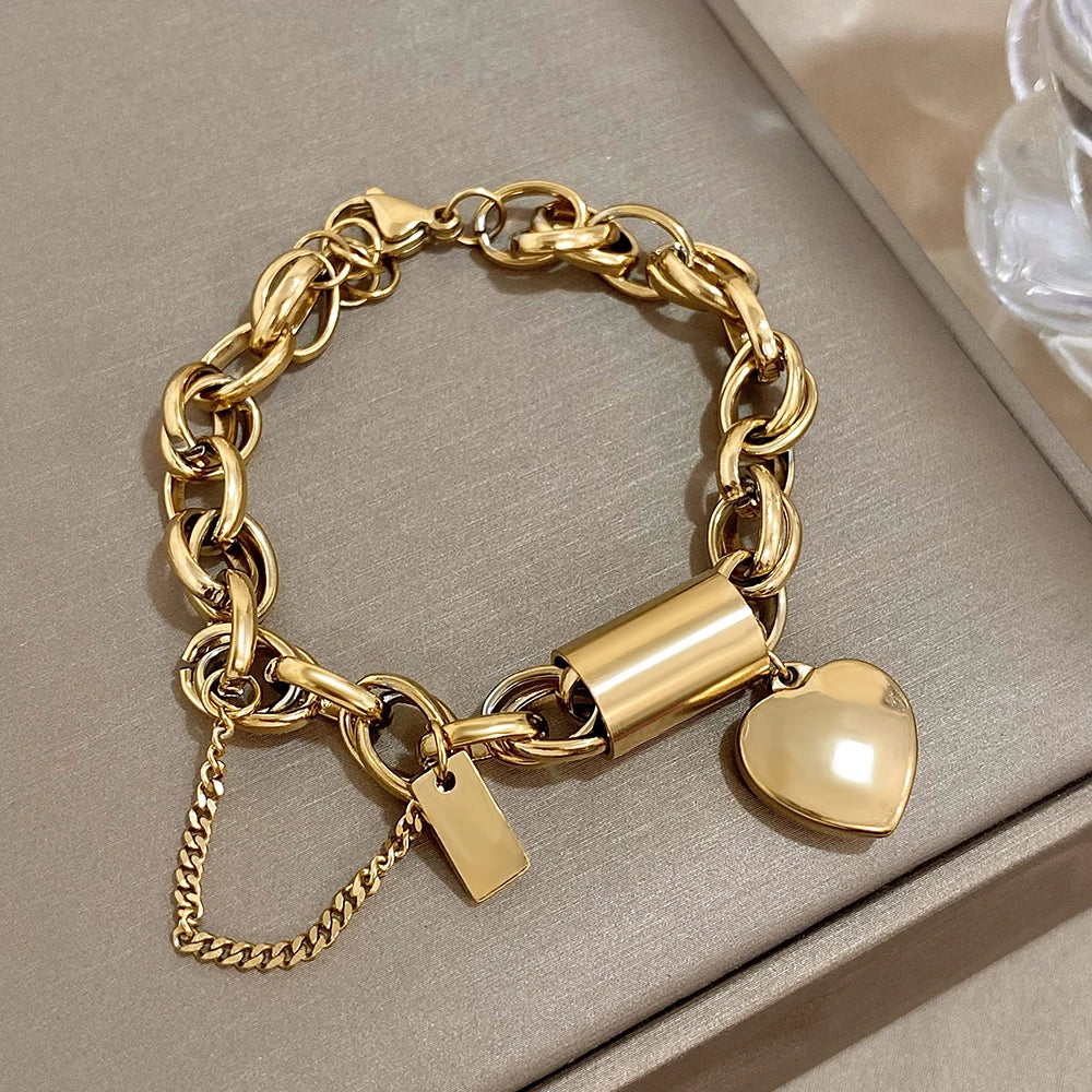 Punk Chunky Gold Color Thick Chain Stainless Steel Bracelets for Women Fashion Design Heart Love Pendant Wrist Jewelry Gift