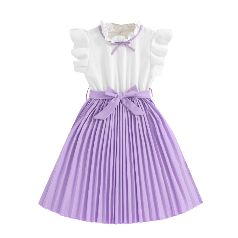 Kids Dress For Girls White Petal Sleeves Pleated Khaki Skirt &Bow tie Preppy Style Elegant Birthday Party Clothes For 8-12 Years