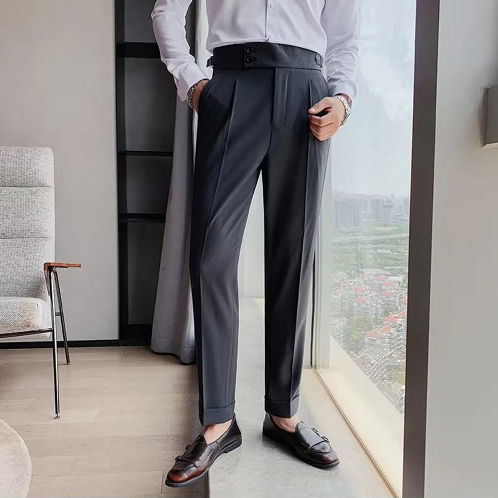 Male Trousers Suit Pants Spring Summer British Style Polyester Slight Stretch Slim Straight