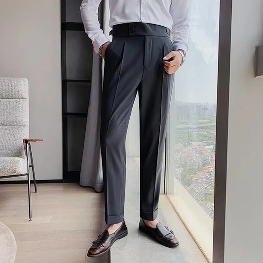 Male Trousers Suit Pants Spring Summer British Style Polyester Slight Stretch Slim Straight