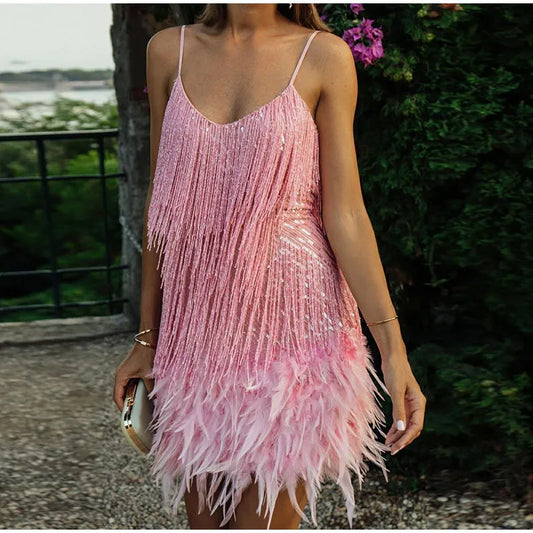 Evening wear Dresses: Mini Dress Women Spaghetti Strap Stitching Dresses