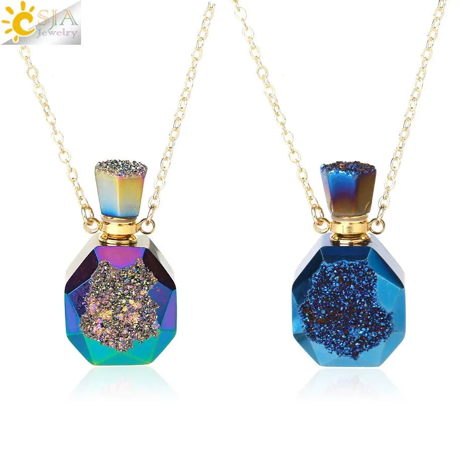 Natural Stone Cone Perfume Bottle necklace Healing Clear Quartz Crystal Pendant Reiki Essentials Oil Diffuser Vial Necklace H119