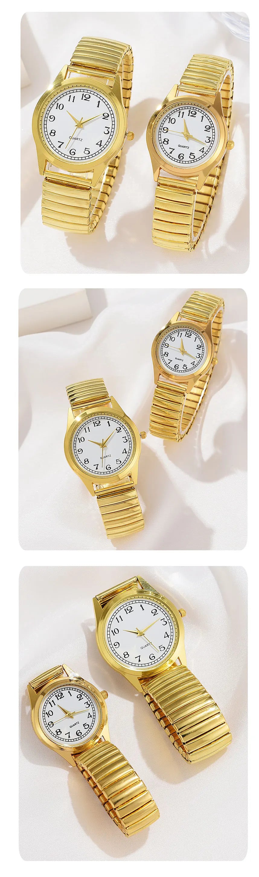 2 PCS Of Gold Retro Round Pointer Quartz Watch Classic Simulation Elastic Band Watch Suitable For Both Male And Female Couples