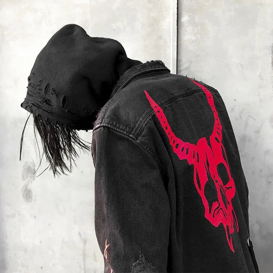 Men's Tide Punk Spring And Autumn New Print Jackets Loose Size Skull Denim Coat