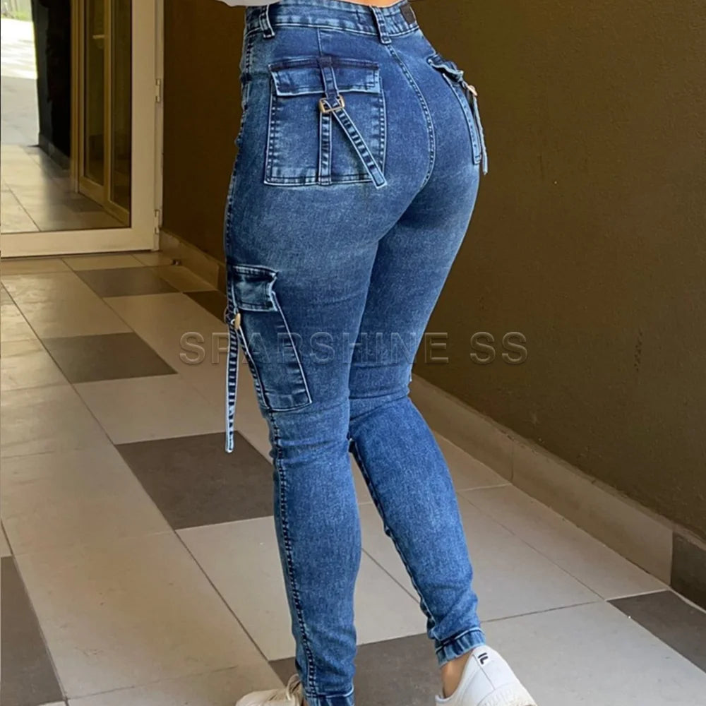 Women Fashion Autumn Winter High Waist Elastic Slim Fit Jeans