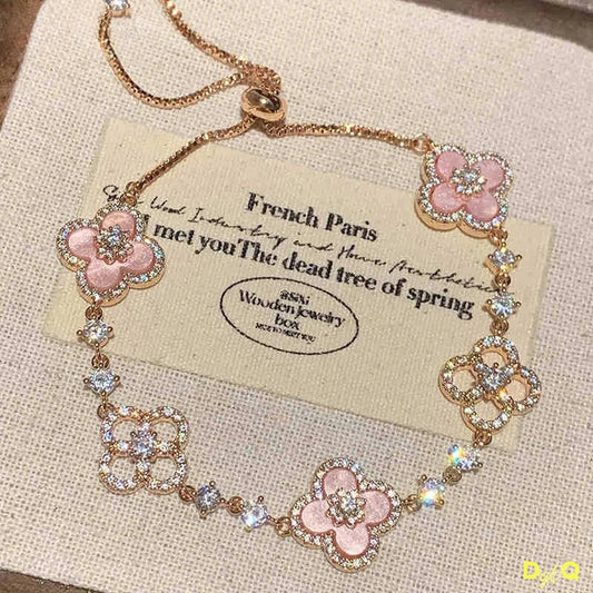 DGTQYQ Cherry Blossom Pink Mother of Pearl Clover Bracelet, Inlaid with Micro Zirconia, Hollowed Out Design Color Lucky Bracelet