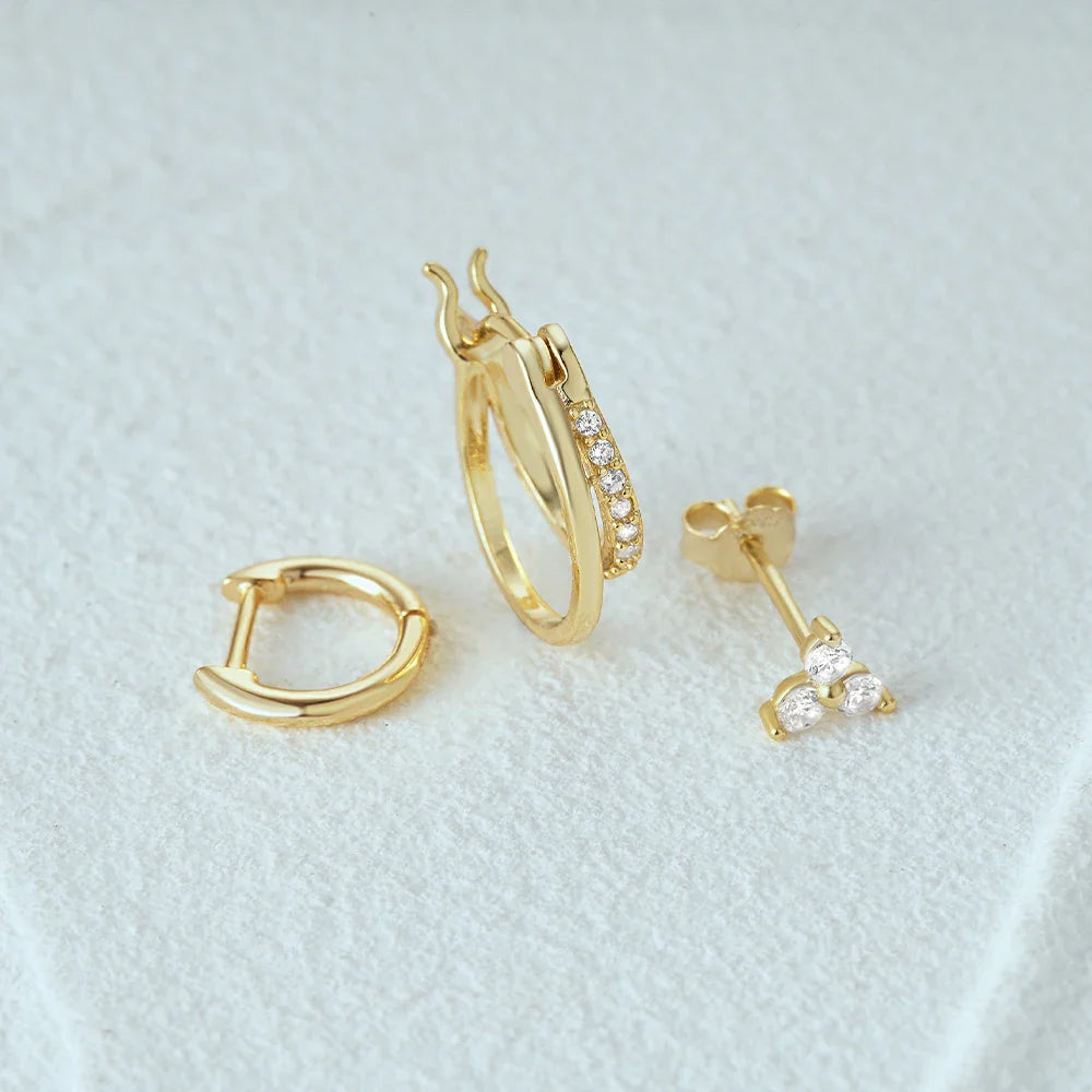 Aide 3pcs Set 925 Sterling Silver Double Gold Hoop Mini Zircon Stud Earrings For Women Hypoallergic Elegant INS Piercing Jewelry