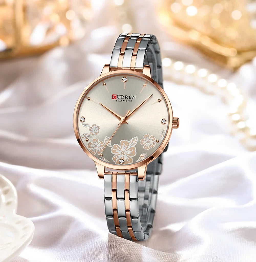 CURREN Fashion Quartz Wristwatches for Women Simple Stainless Steel Watch Bracelet with Flower Design Dial