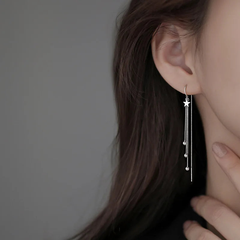 Designer 925 Sterling Silver Star Round Bead Long Tassel Dangle Earrings for Woman Exquisite Jewelry Accessories Gifts Colorfast