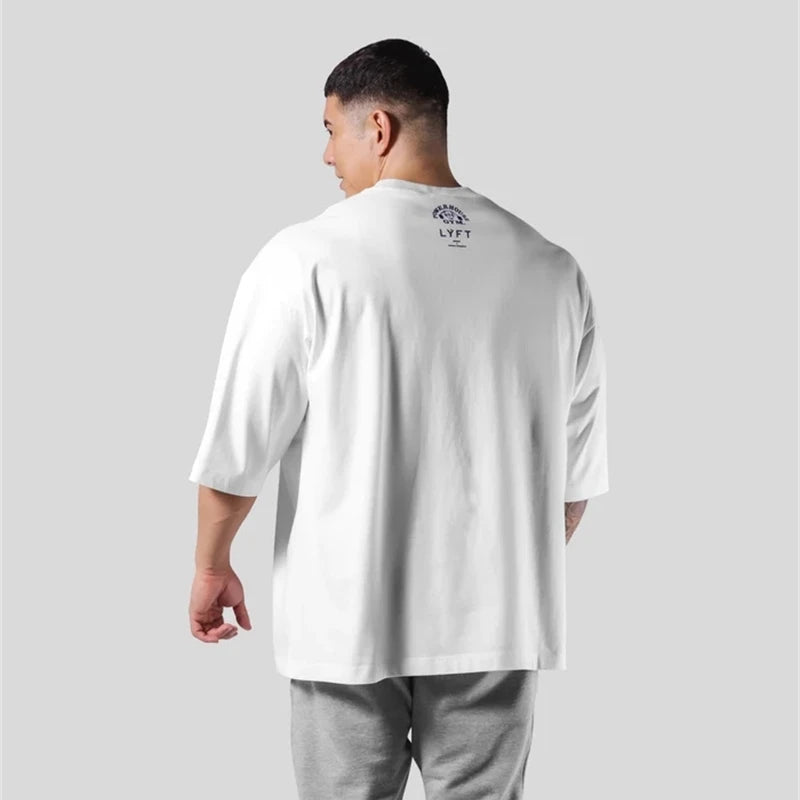 Men Running Sports Cotton T-shirt Gym Fitness Bodybuilding Loose Print Shirt Summer Male Jogging Training Tee Tops