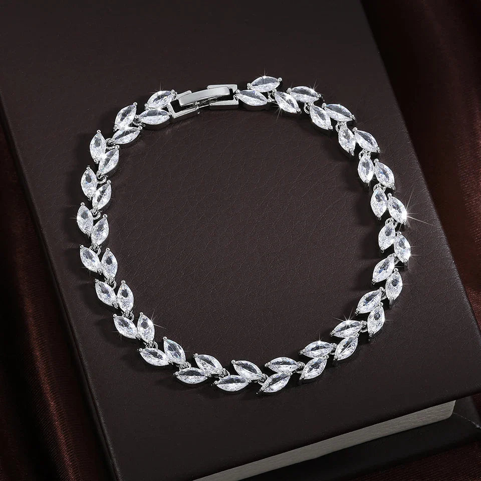 ZAKOL Fashion White Leaf Bracelets Bangles for Women Shinny Marquise Cut Cubic Zirconia Bridal Wedding Party Jewelry BP061